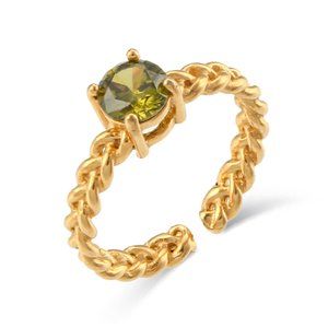 Olive Green Cubic Zirconia Woven Chain Adjustable Ring 18K Gold Plated‎ Steel